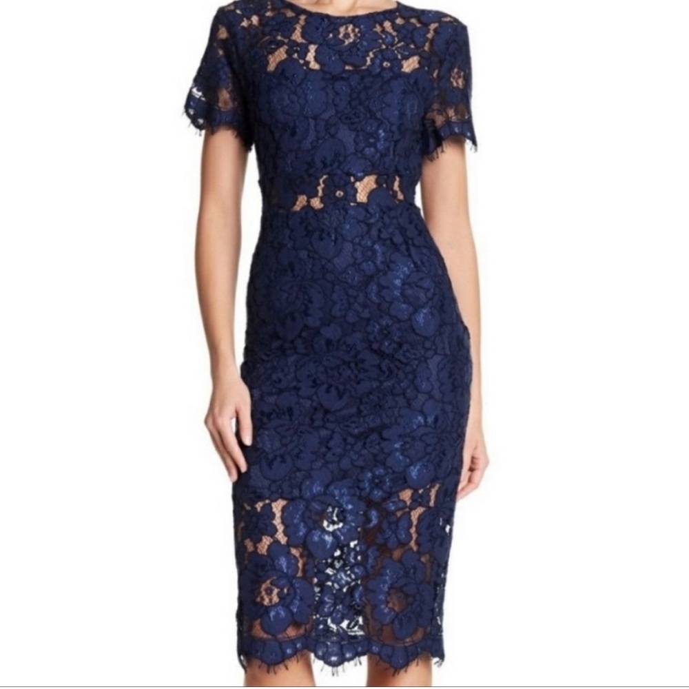 Navy Blue Lace Dress with sheer midriff, size L